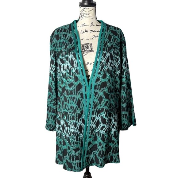 Ming Wang Womens 2X Open-Front Knit Cardigan Jacket Kelly Green Abstract Print - Picture 1 of 9